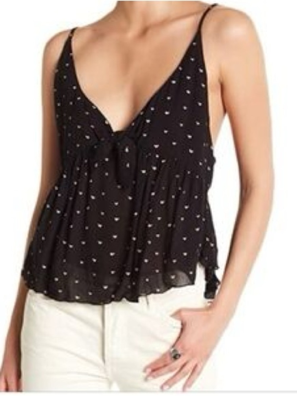 Free People Intimately Riviera Romance Tie Cami Top Tank Black Hearts Size S